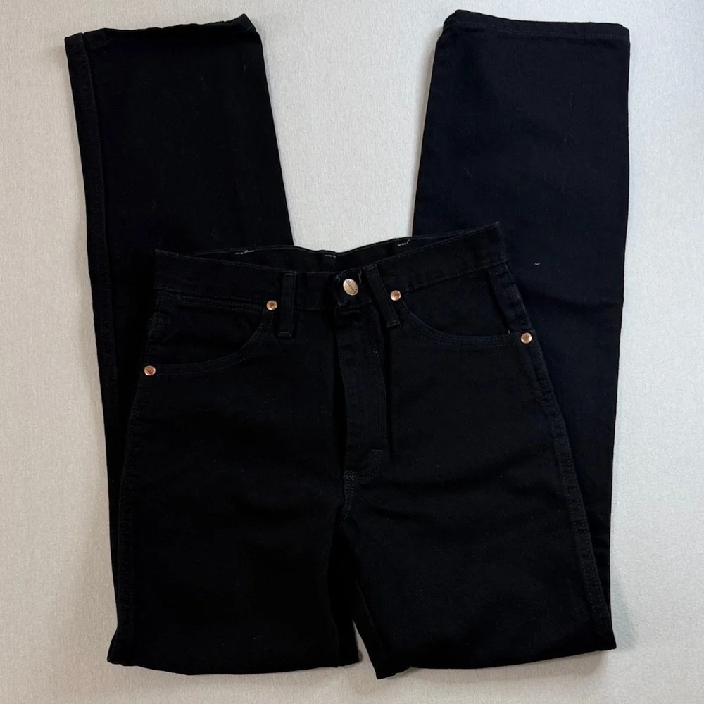 Wrangler Men's Slim Straight Jeans in Black with Tan Patch